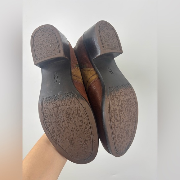 UGG Lou Two Toned Leather Round Toe Zip Up Flat Tall Boots Brown Auburn 8 - Picture 5 of 5